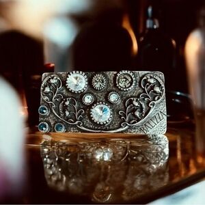 Rare BALIZZA Signature Crystal Floral Belt Buckle Brass Rhinestone 4"x2" Gray VG